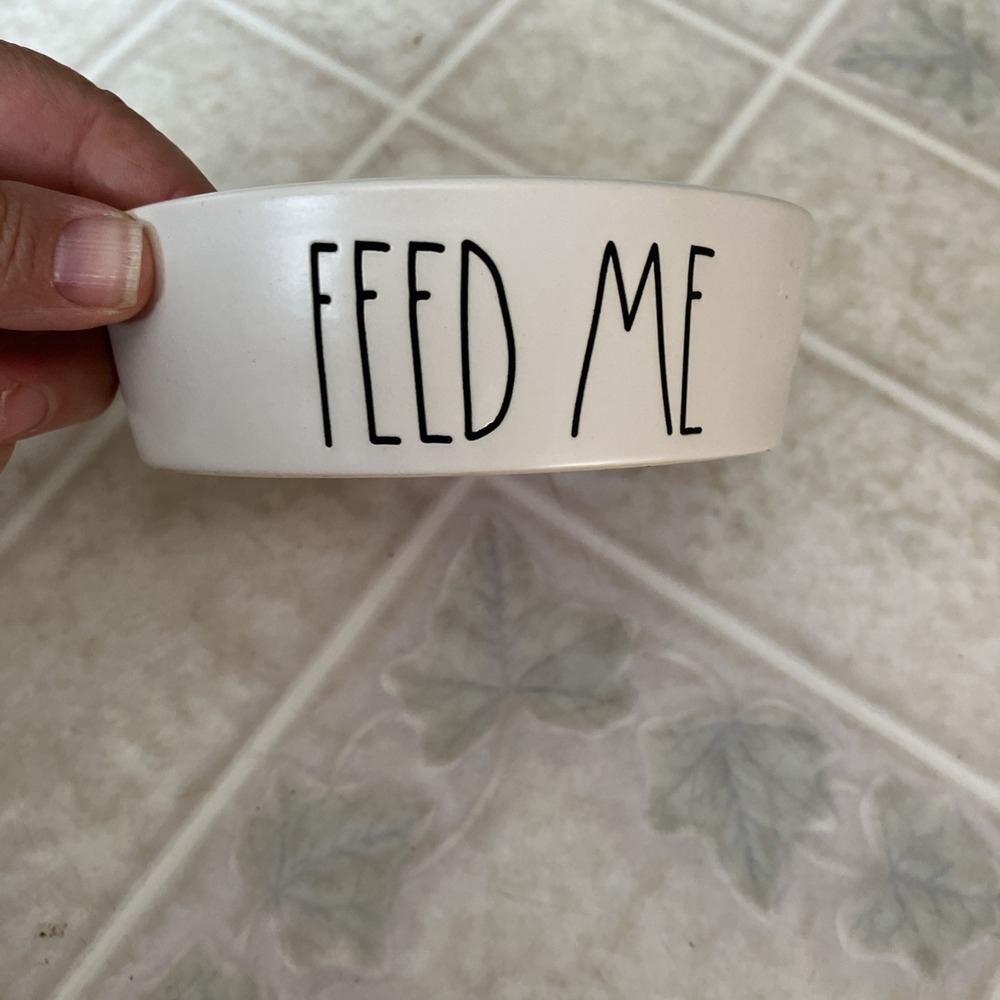 Rae Dunn Artisan Collection by Magenta "Feed Me" 5" White Dog Or Cat Food Dish